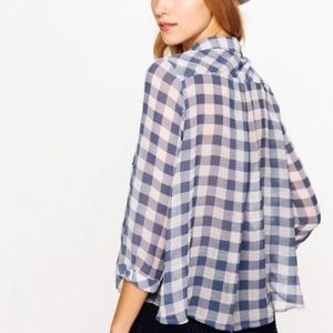 FREE PEOPLE Shirt Sheer Buffalo Check Blue and Cream Long Sleeve Button Up XS